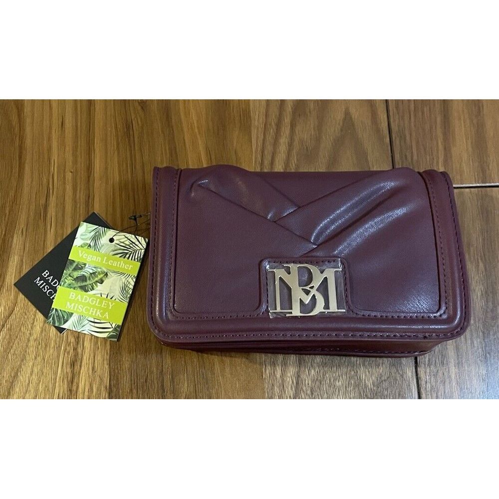 Badgley‎ Mischka Pleated Crossbody Bag Deep Plum Vegan Leather Braid Chain Strap